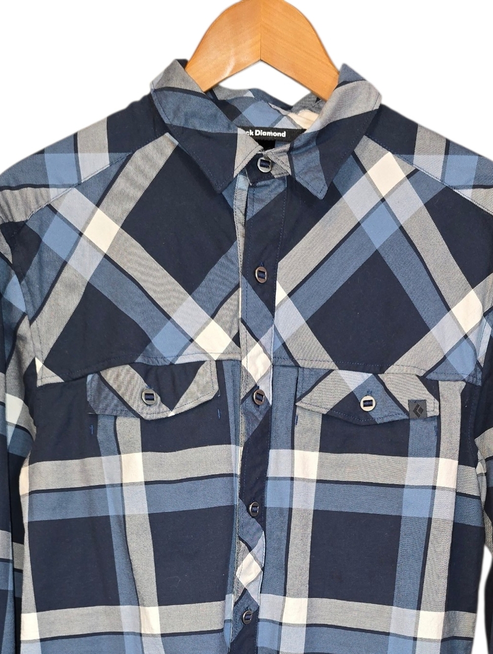 Black Diamond Plaid Button Down Shirt Organic Cotton Stretch Blue Size Medium - Picture 2 of 12